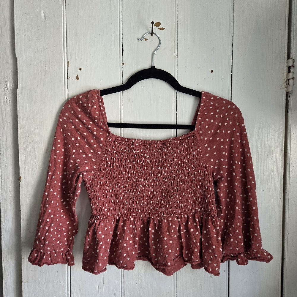 American Eagle Smocked Peplum Polka Dot 3/4 Blouse
